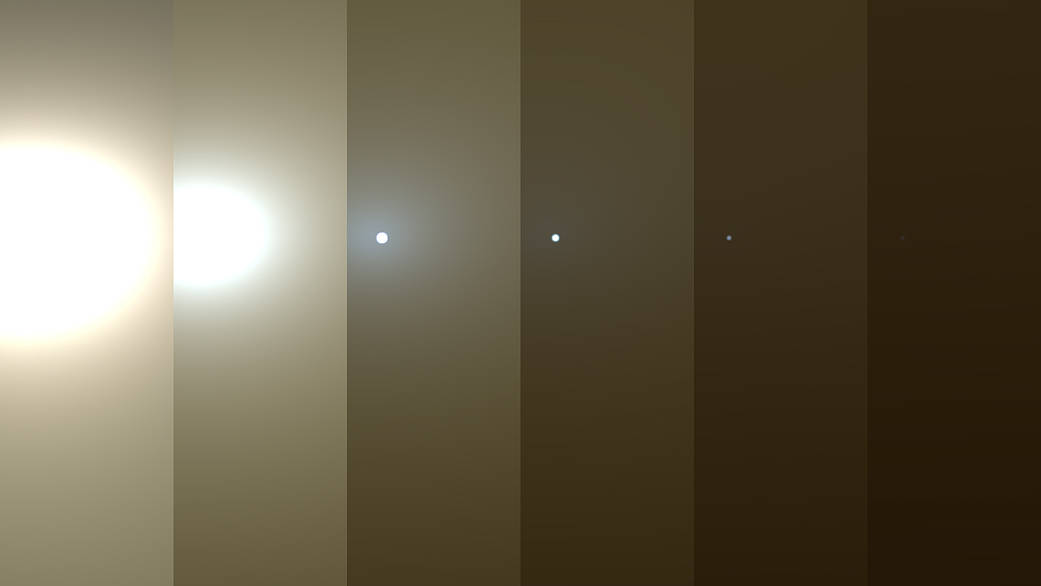 This series of images shows simulated views of a darkening Martian sky