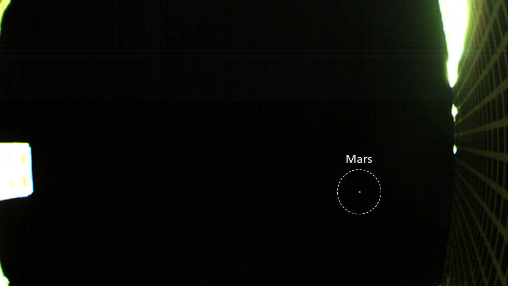 MarCo cubesat takes photo of Mars as it approaches the red planet.