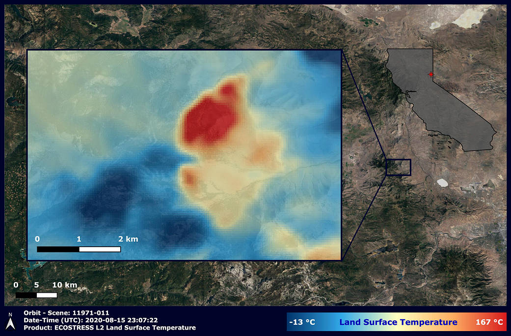 NASA's ECOSTRESS has imaged a temperature profile of an area surrounding a fire-induced tornado in Loyalton, California