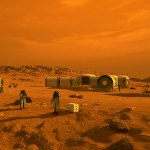 Artist concept depicting astronauts and human habitats on Mars