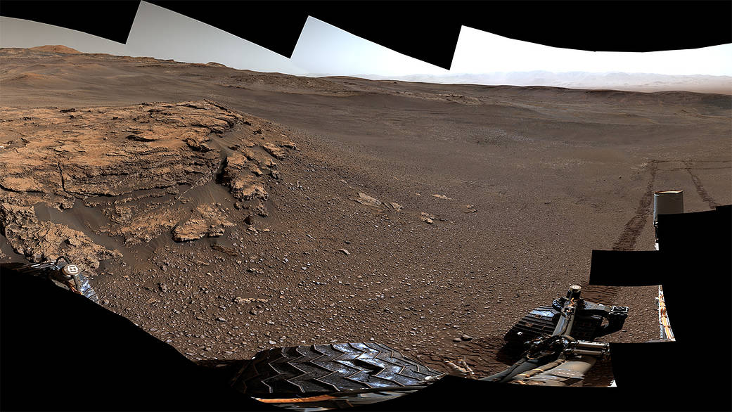 Panoramic photo of Martian landscape taken by Curiosity rover.
