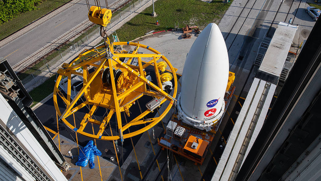 NASA's Mars 2020 Perseverance rover waits to be lifted onto its Atlas V launch vehicle