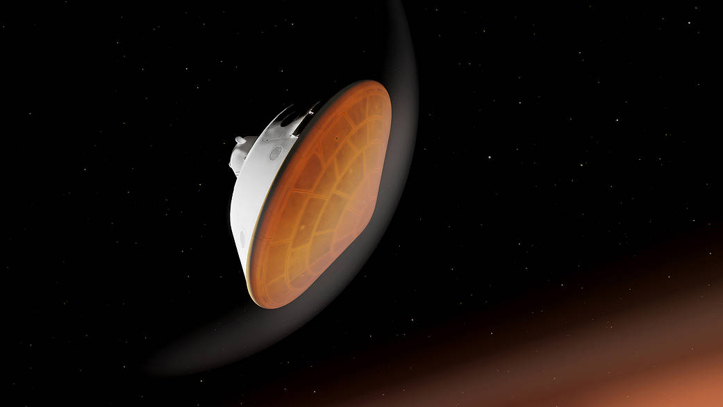 Illustration of NASA’s Perseverance rover begins its descent through the Martian atmosphere