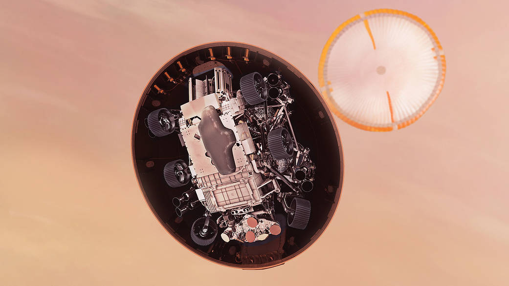 Illustration of NASA’s Perseverance rover begins its descent through the Martian atmosphere