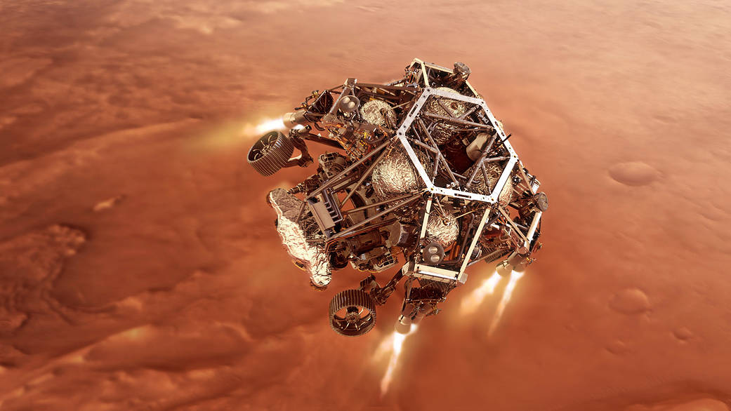 Illustration of NASA’s Perseverance rover begins its descent through the Martian atmosphere