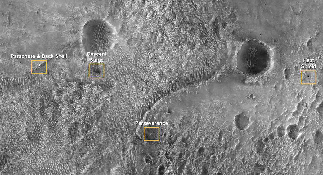 First image of NASA’s Perseverance Rover on the surface of Mars from the High Resolution Imaging Experiment (HiRISE) camera 