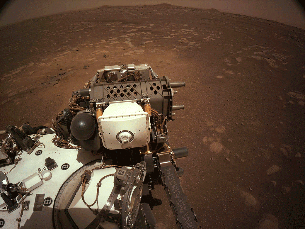 This set of images shows part of the deployment of the Mars Environmental Dynamics Analyzer (MEDA) wind sensors