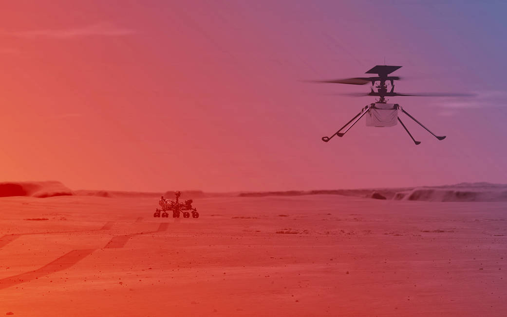 An illustration of NASA’s Ingenuity Helicopter flying on Mars