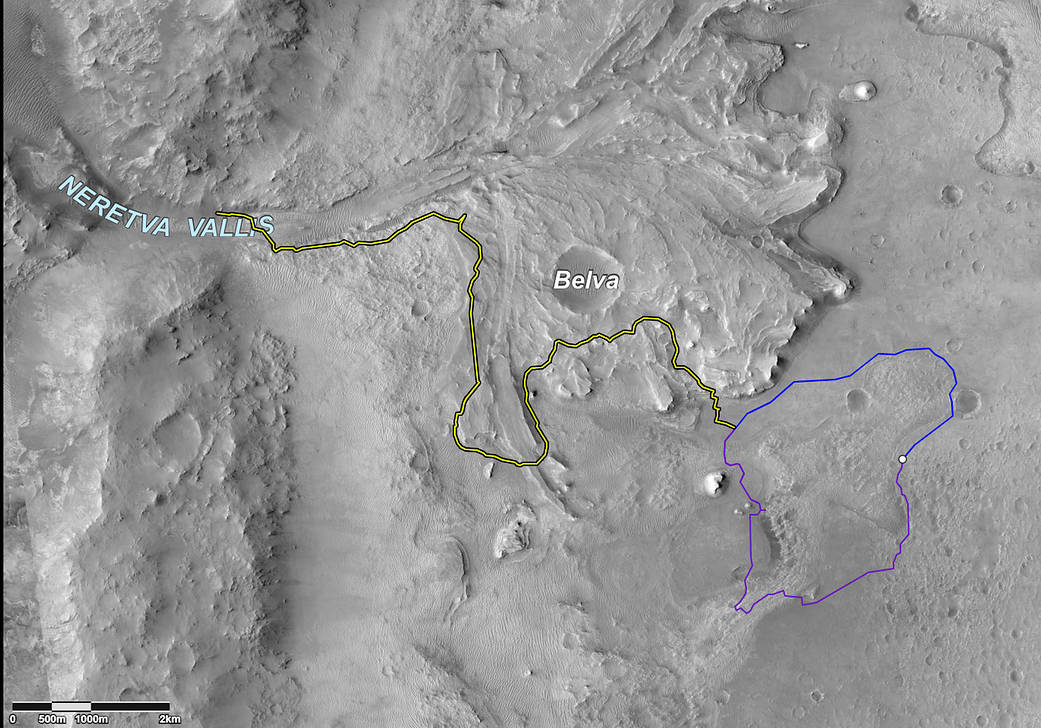 This image shows two possible routes (blue and purple) to the fan-shaped deposit of sediments known as a delta
