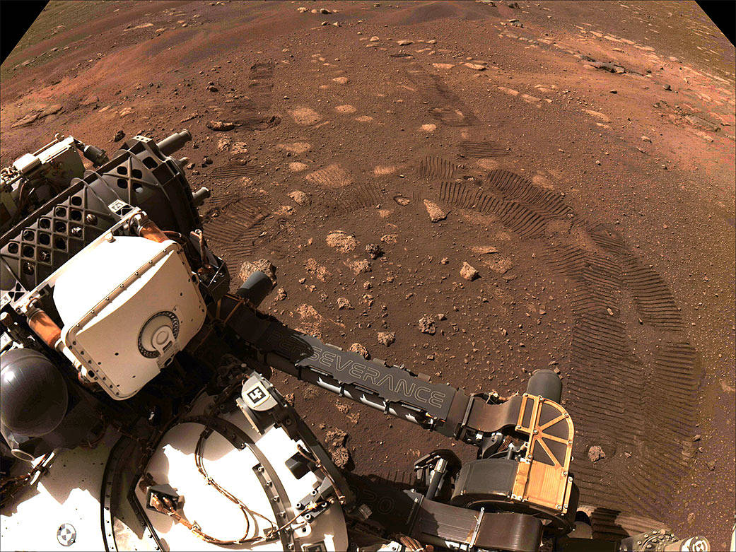 This image was taken during the first drive of NASA’s Perseverance rover on Mars on March 4, 2021