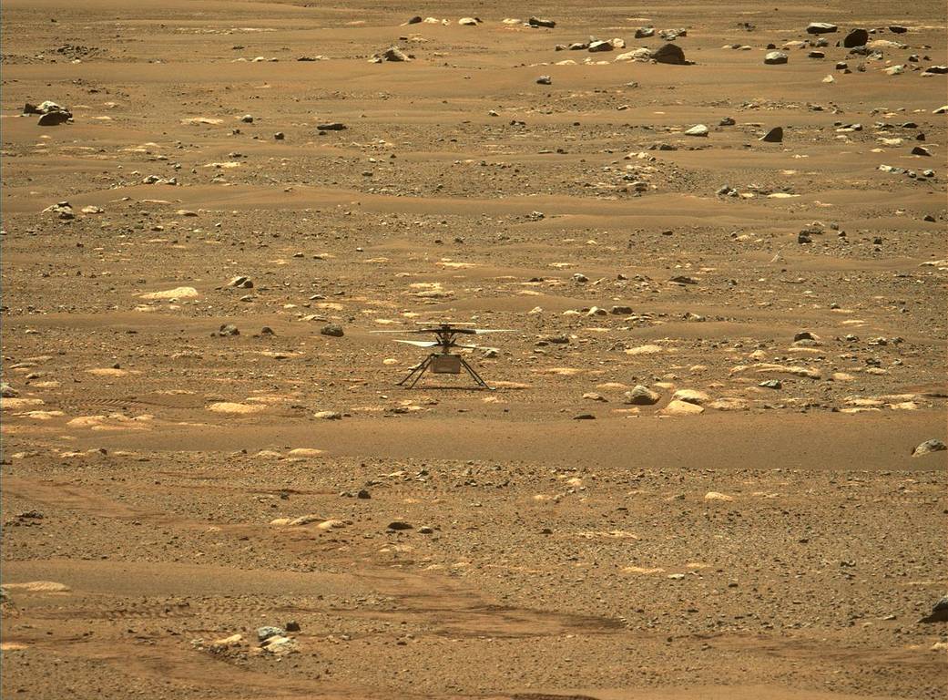 This image from NASA’s Perseverance rover shows the agency’s Ingenuity Mars Helicopter right after it successfully completed a high-speed spin-up test. 