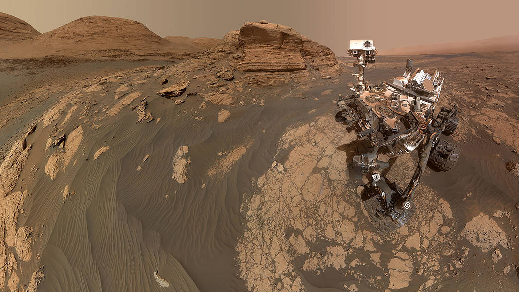 NASA’s Curiosity Mars rover used two cameras to create this selfie in front of Mont Mercou