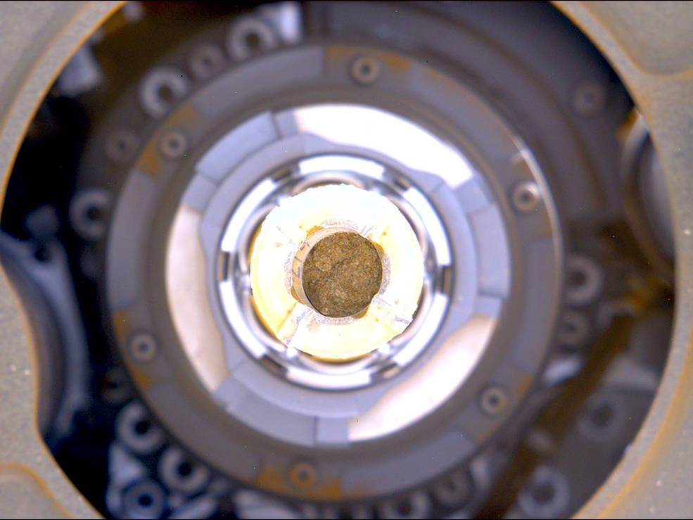 This image shows the rock core from “Berea” inside inside the drill of NASA’s Perseverance Mars rover