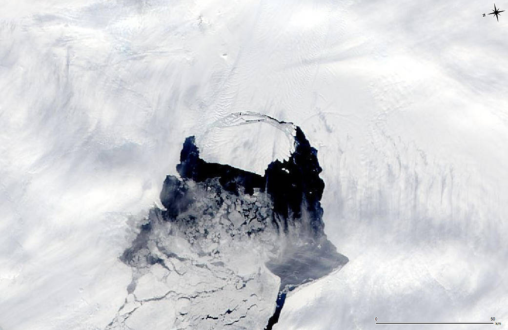 This MODIS image taken by NASA’s Aqua satellite on Nov. 10, 2013, shows an iceberg that was part of the Pine Island Glacier an