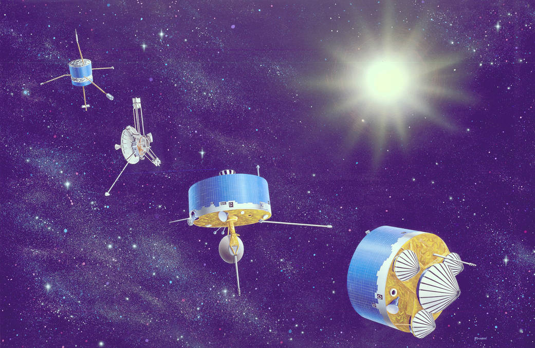 A family portrait showing (from left to right) Pioneers 6-9, 10 and 11 and the Pioneer Venus Orbiter and Multiprobe series.