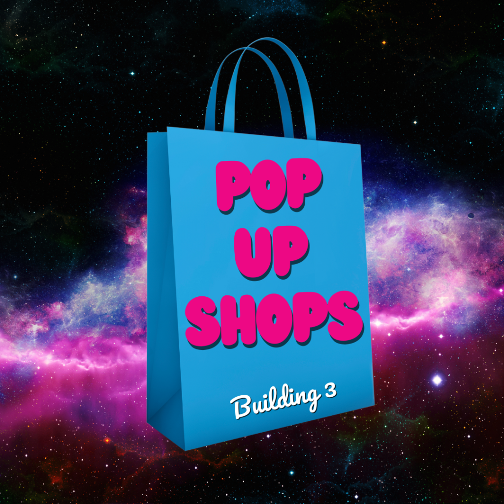 A blue shopping bag with, Pop Up Shops Building 3 written on it.