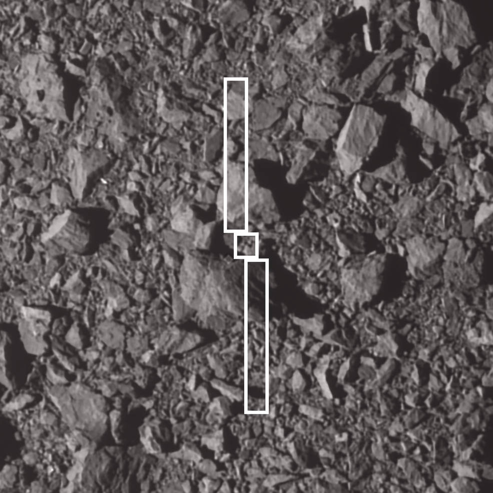 This image depicts the footprint of the Double Asteroid Redirection Test (DART) spacecraft and its two long solar panels over the spot where it impacted asteroid Dimorphos. 