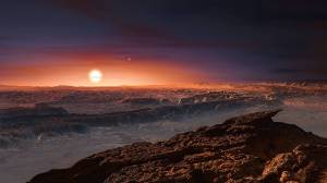 Artist’s impression shows a view of the surface of the planet Proxima b orbiting the red dwarf star Proxima Centauri