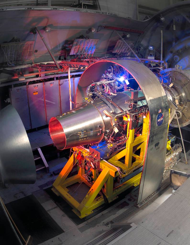Jet engine inside the Propulsion Systems Laboratory getting prepared for a test.