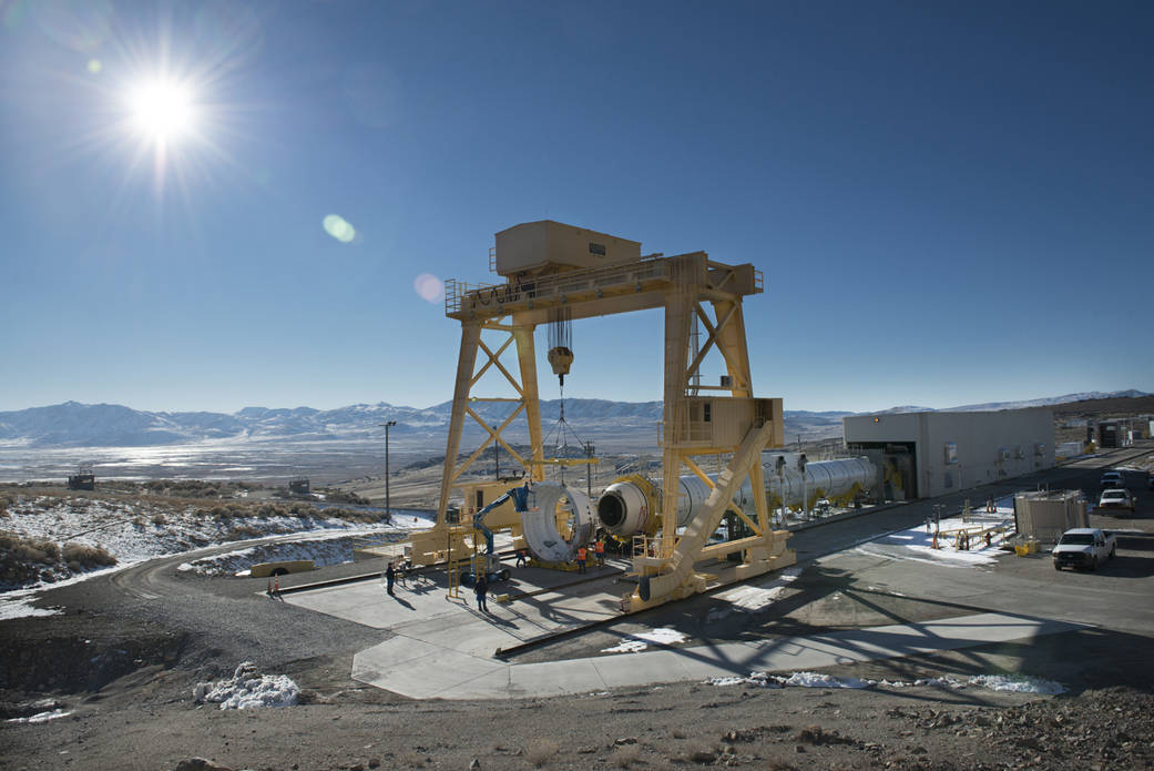 The first qualification motor for NASA's Space Launch System's booster is installed in ATK's test stand in Utah