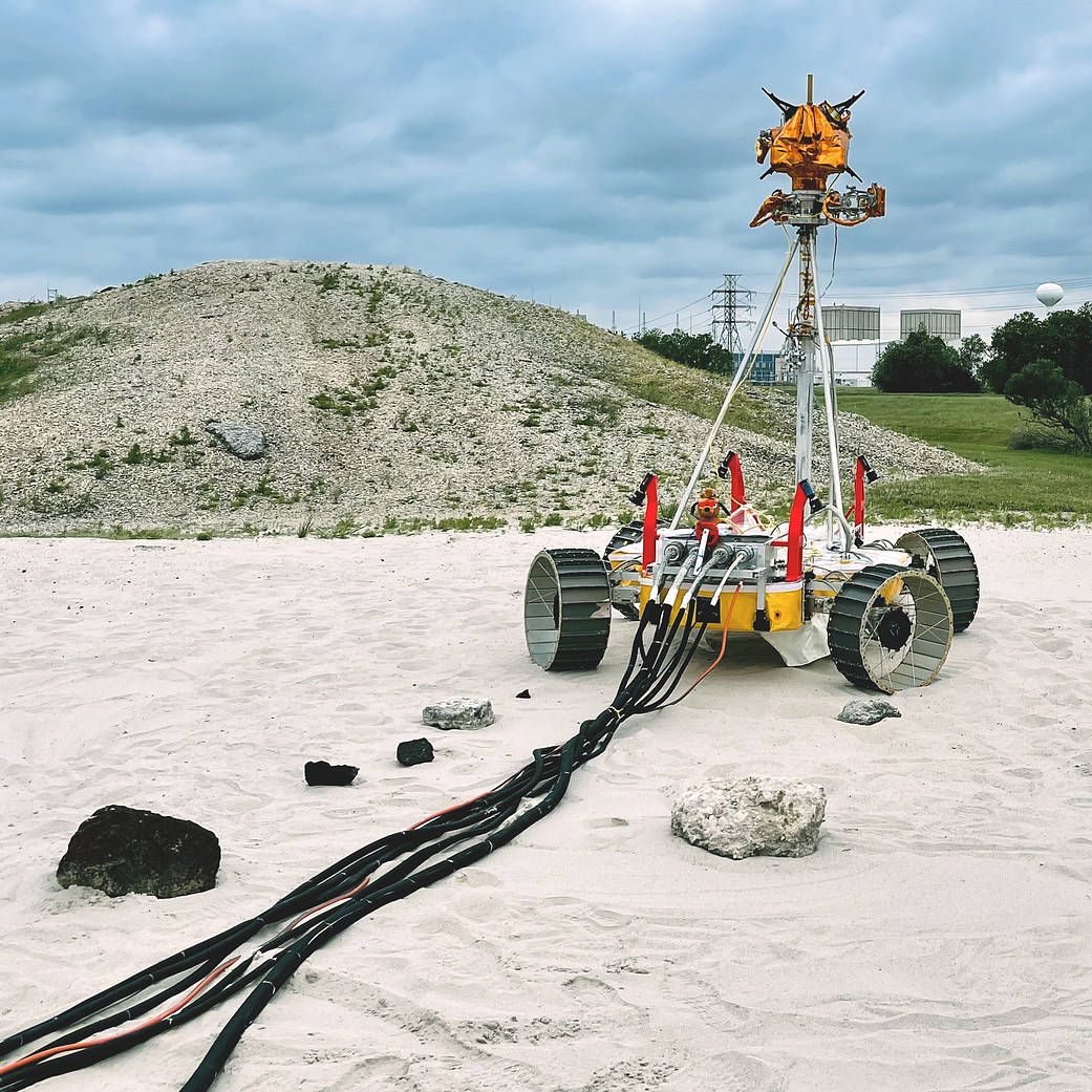 a prototype Volatiles Investigating Polar Exploration Rover (VIPER) in the Rock Yard at NASA's Johnson Space Center.