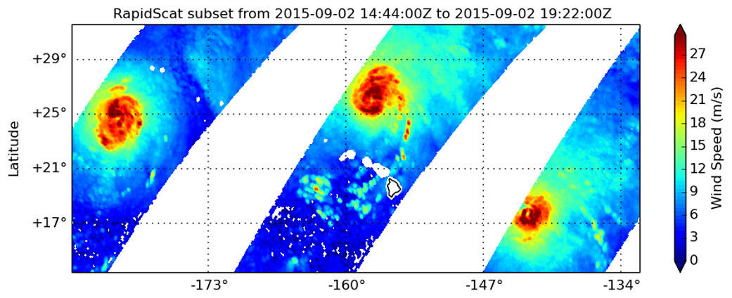RapidScat image of three storms in the Pacific