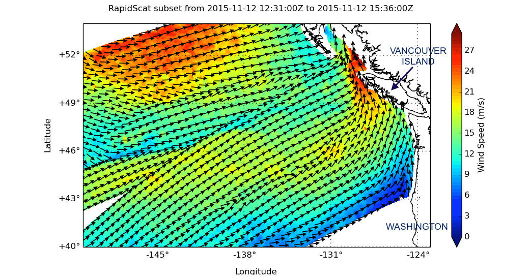 visualization of windspeeds observed off coast of Washington