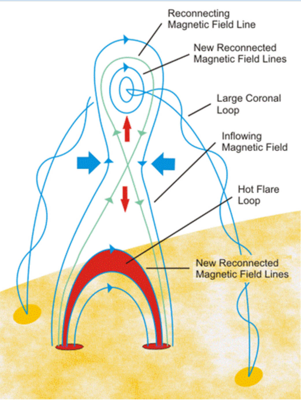 An illustrated model of magnetic reconnection on the sun.