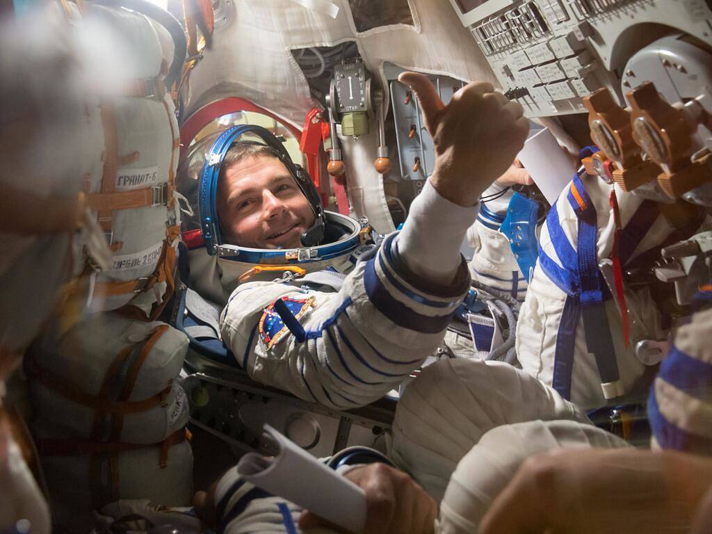 Pictured here, Wiseman gives the thumbs up during launch preparations on May 19 in Kazakhstan. 
