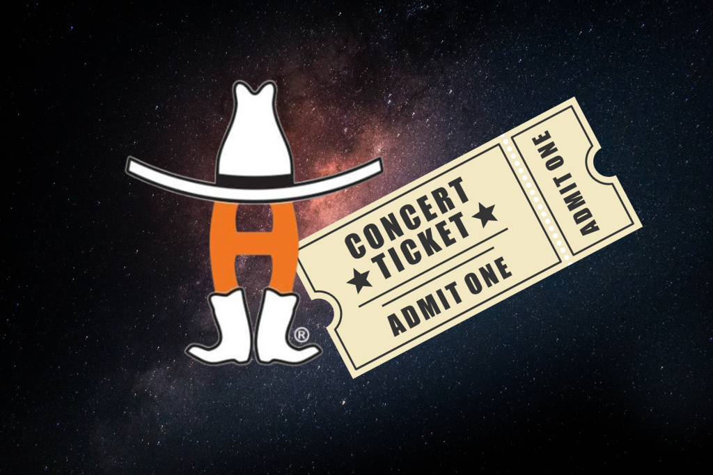 The Houston Livestock Show and Rodeo logo next to a clipart image of a concert ticket.