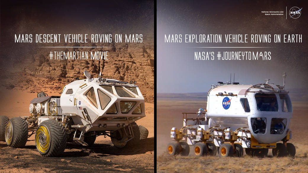 Side-by-side images of the Mars rover from the film "The Martian" and an experimental NASA rover.