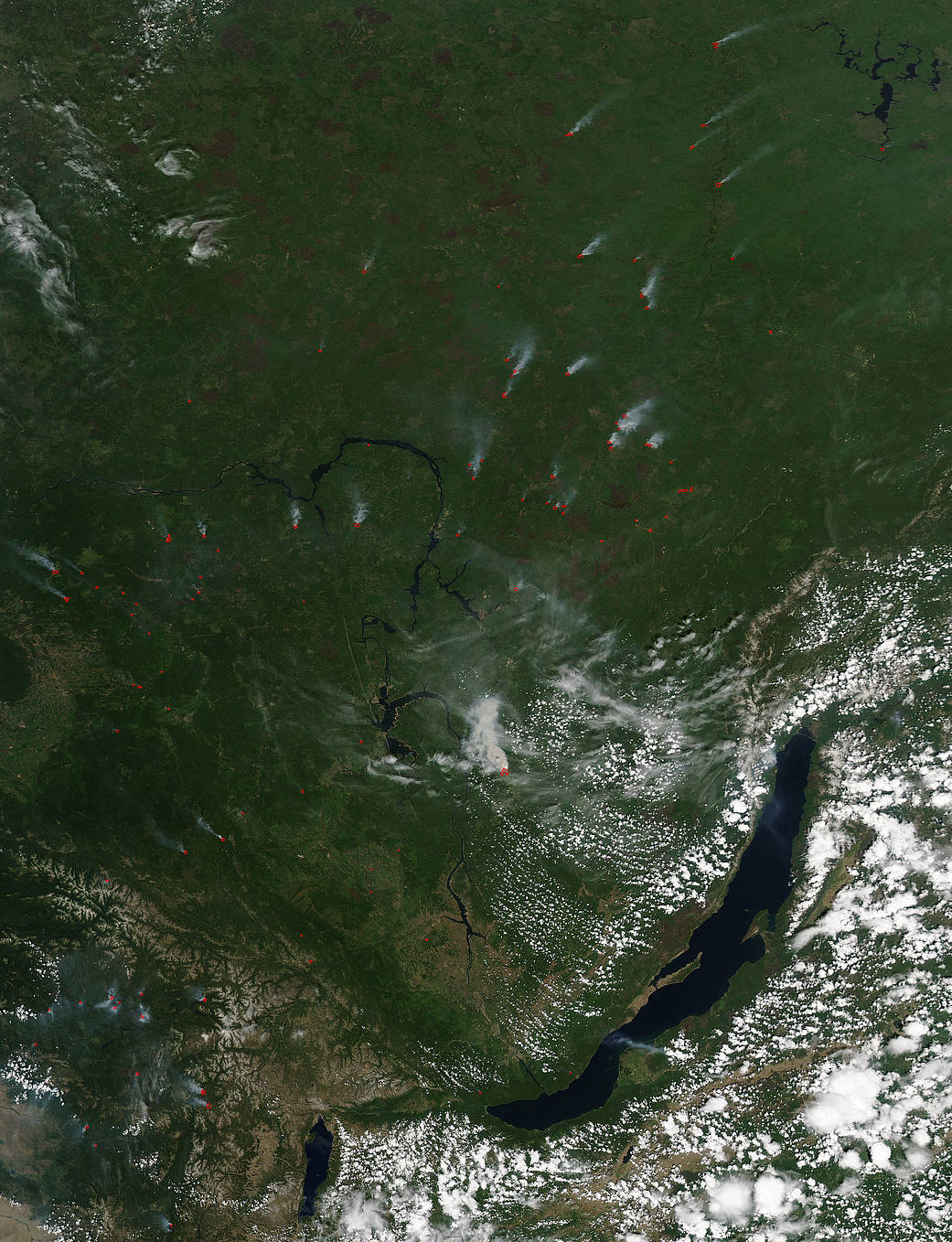Aqua image of fires around Lake Baikal
