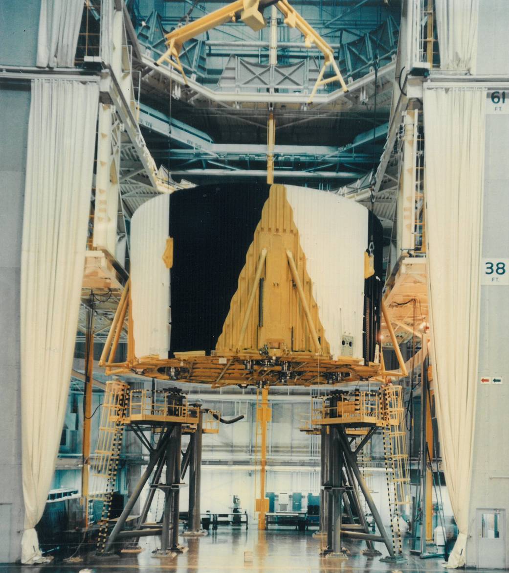 This week in 1965, technicians at NASA’s Michoud Assembly Facility installed the S-IC-D thrust structure.