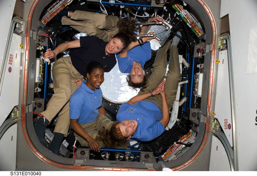 Shuttle and Station Crew Members in Cupola