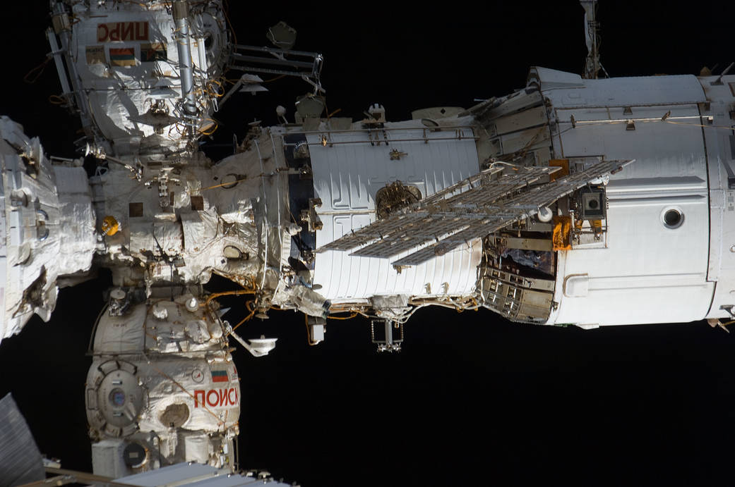 The International Space Station's Zvezda service module is pictured with two Russian modules attached to its forward section