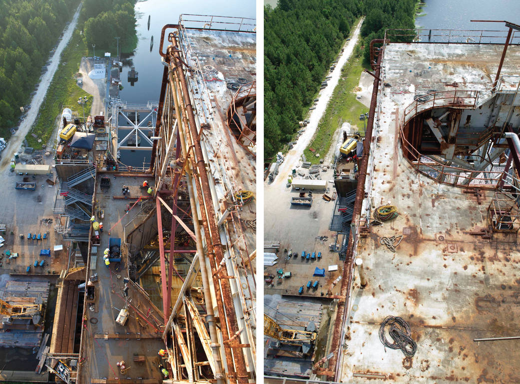 Before and after images of MPTA structure on the B-2 Test Stand at SSC