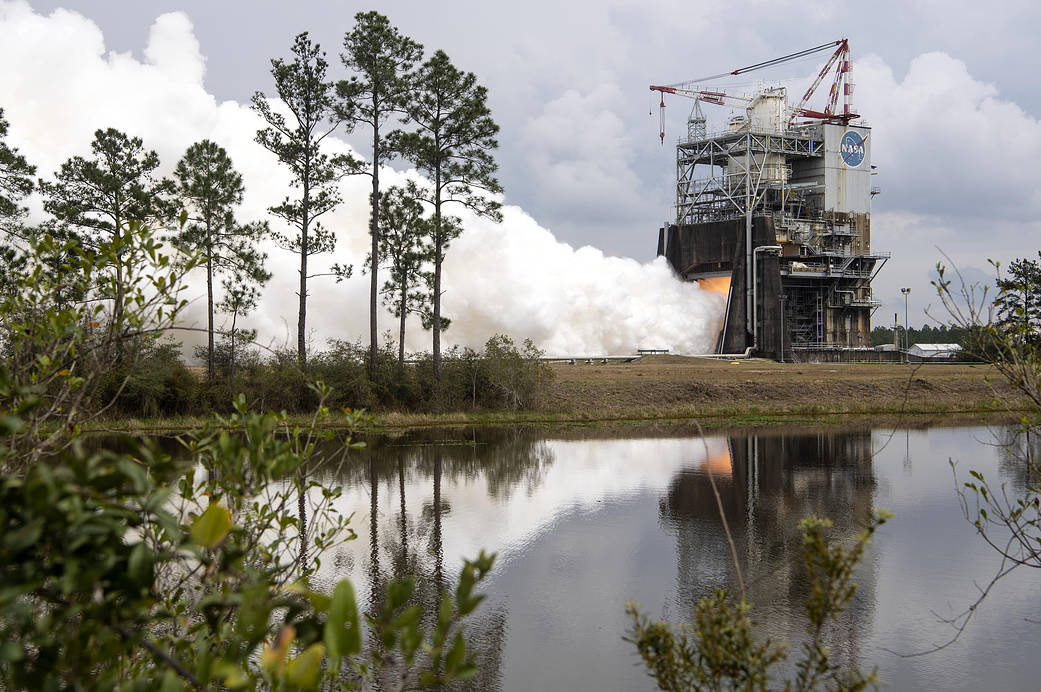 NASA conducting an RS-25 engine test at its highest power level for an extended period of time