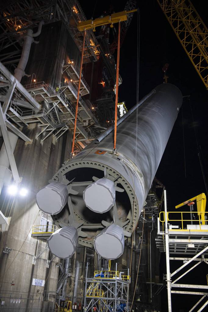 Lifting the Space Launch System Core Stage Into Place
