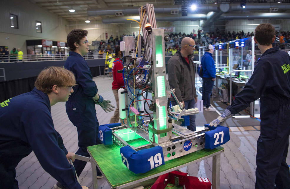 Teams compete during the inaugural FIRST Robotics Magnolia Regional Competition in Laurel, Mississippi, on March 17, 2023