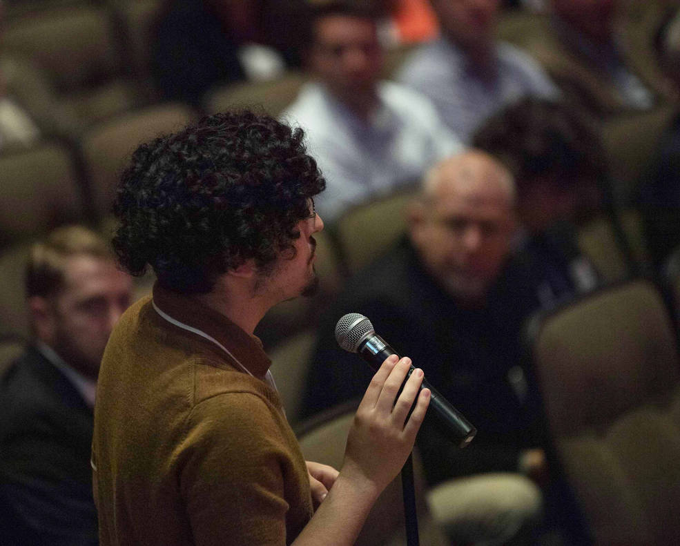 A participant asks a question of presenters during the 11th annual NASA Stennis Space Center Director's Community Briefing on March 23