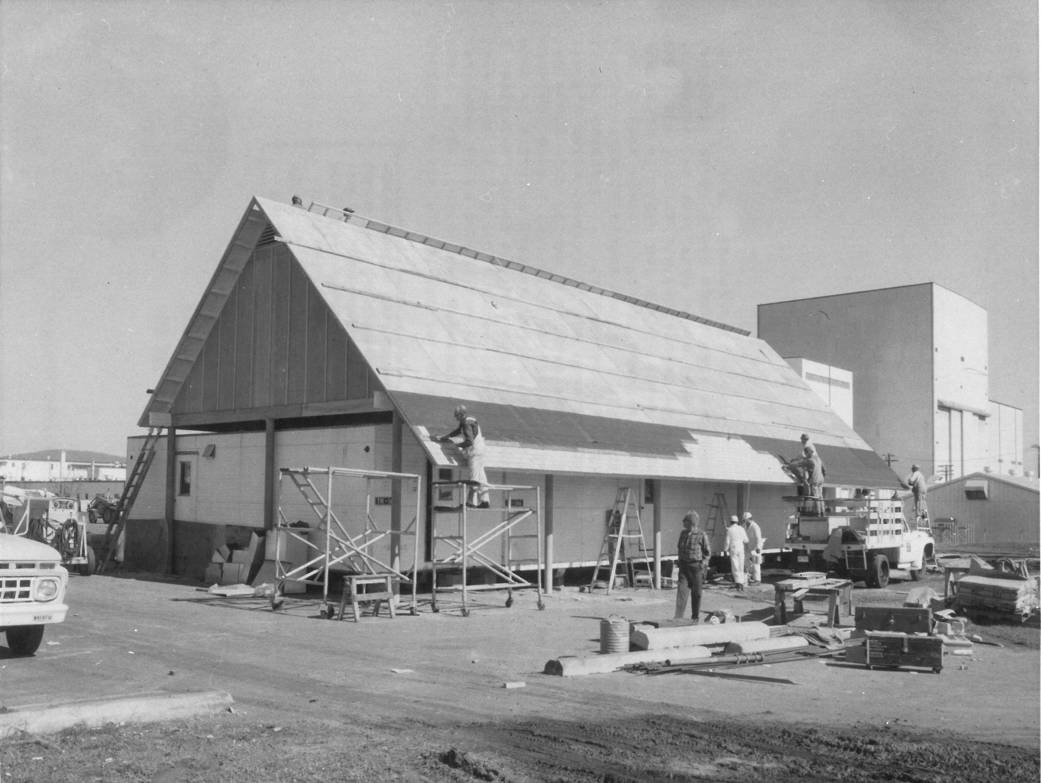 This photo, taken on February 21, 1976, shows workers at NASA's Marshall Space Flight Center constructing a "simulated" residenc