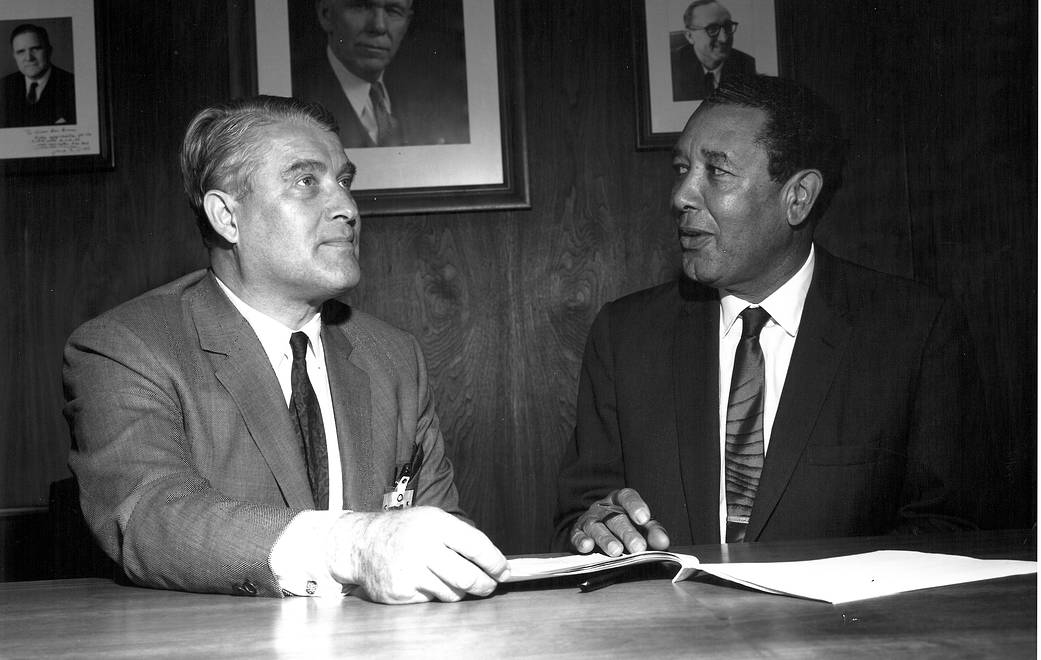 NASA Marshall Space Flight Center Director Wernher von Braun, left, and Alabama A&M University President Richard Morrison