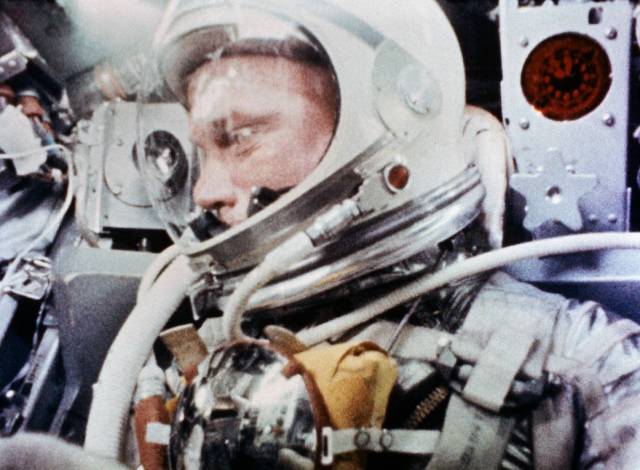 This photograph of John Glenn during his Mercury-Atlas 6 spaceflight was taken by a camera onboard the spacecraft.