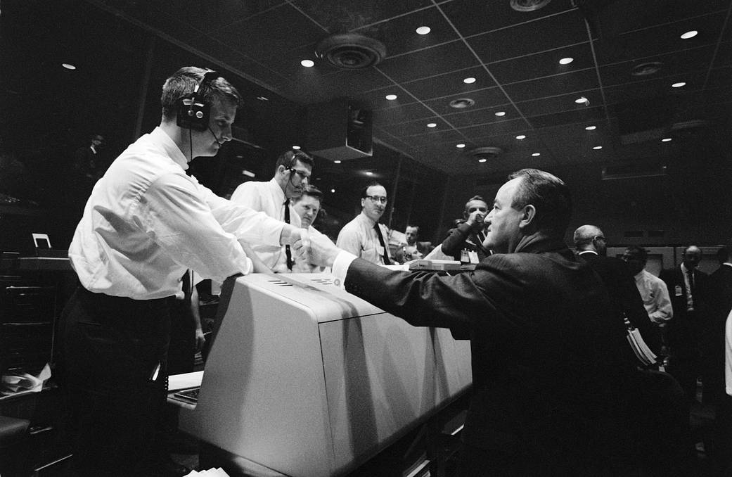 VP Hubert Humphrey shakes hands at Mission Control Center