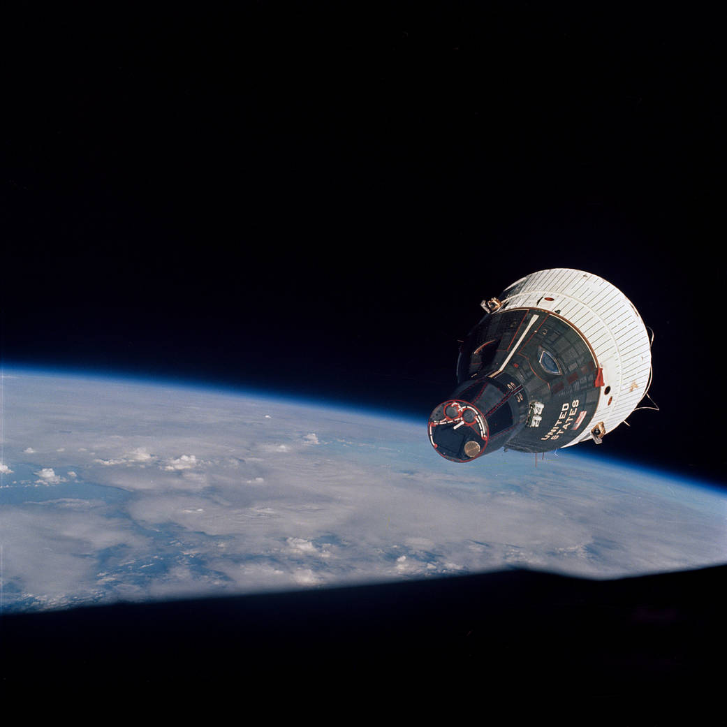 NASA's Gemini-7 spacecraft as seen from the Gemini-6 spacecraft during their rendezvous mission in space.