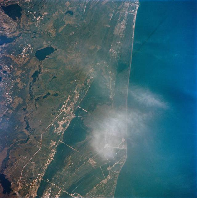 Image from orbit of blue coastline of Florida and Kennedy Space Center