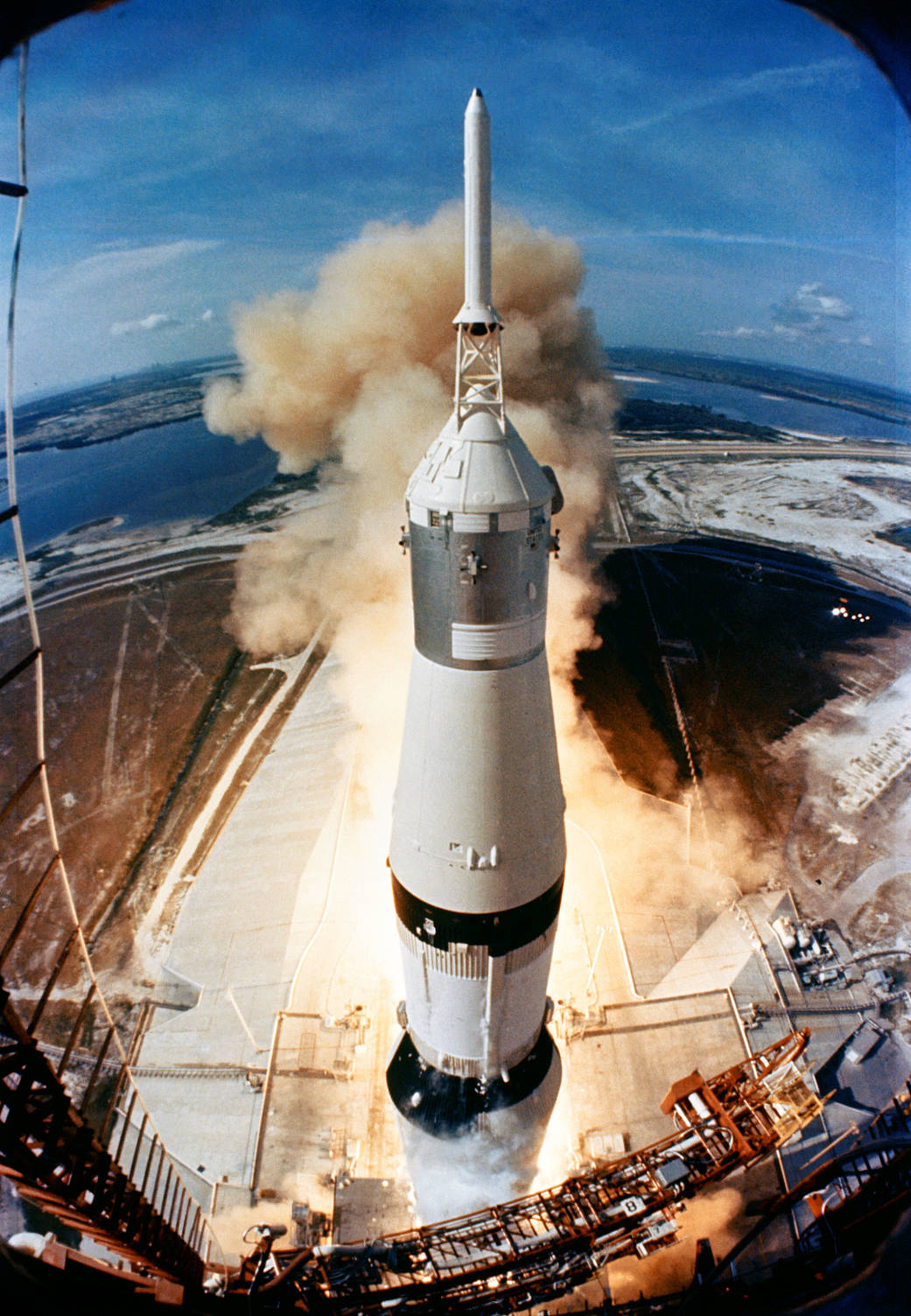 On July 16, 1969, the huge, 363-feet tall Saturn V rocket launches on the Apollo 11 mission from Pad A, Launch Complex 39.