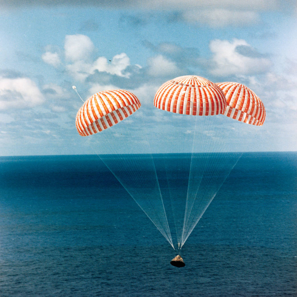 The Apollo 14 Command Module (CM) approaches touchdown in the South Pacific Ocean.