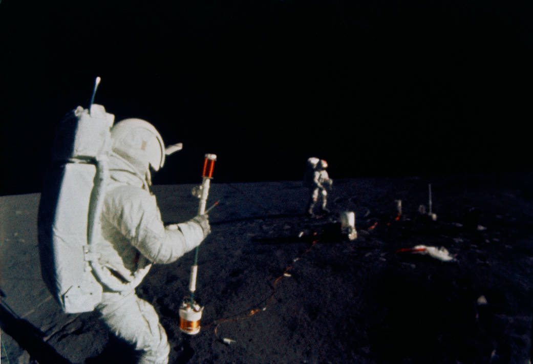 Astronaut Edgar D. Mitchell, lunar module pilot on a spacewalk on lunar surface