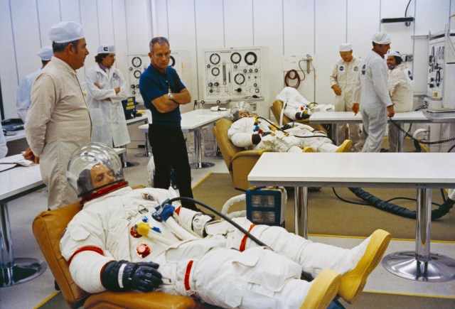The three Apollo 15 astronauts go through suiting up operations in the Kennedy Space Center's (KSC) Manned Spacecraft Operations